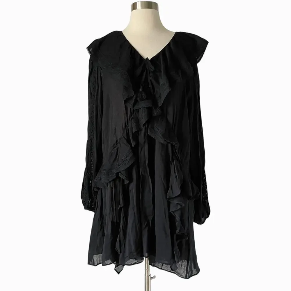 Spell Fleur Lace Mini Dress Large Midnight Black Organic Cotton Viscose Boho